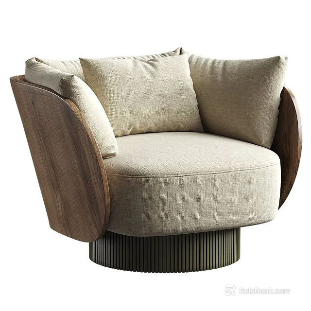 Modern Single Sofa with Beige Fabric Upholstery Pillows Wooden Armrests and Vertical Stripes Metal Base 3d model 