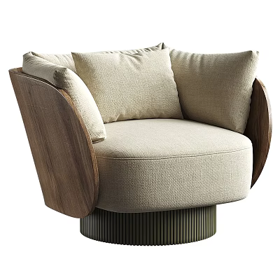 Modern Single Sofa with Beige Fabric Upholstery Pillows Wooden Armrests and Vertical Stripes Metal Base 3d model