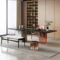 Modern Tea Table Set With Black Table Marble Base Orange Chair And Green Plant