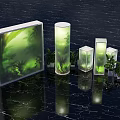 Modern Transparent Display Structures With Green Plants Against Black Background And Dark Textured Floor