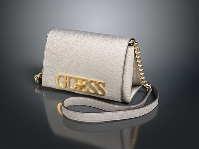 Guess Grey Pebbled Leather Crossbody Bag With Gold Logo And Chain Strap 3d model