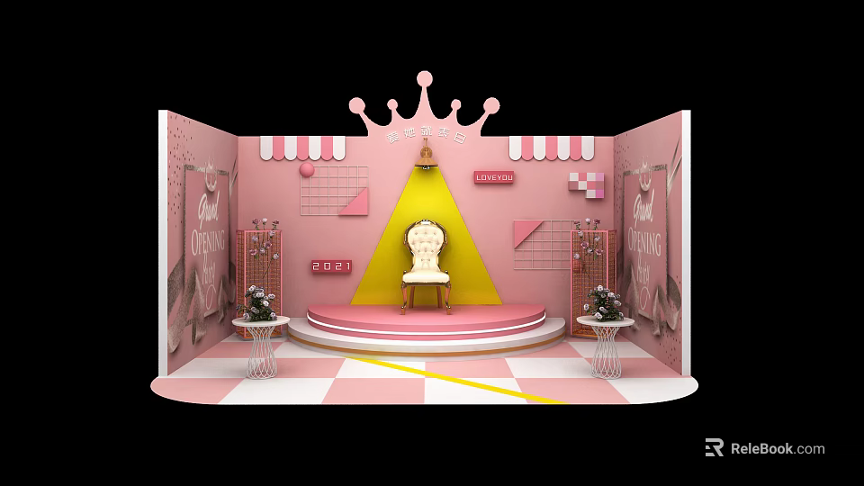 Pink Themed Stage With Crown Accent Chair Checkerboard Floor And Geometric Decor 3d model 