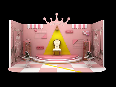 Pink Themed Stage With Crown Accent Chair Checkerboard Floor And Geometric Decor 3d model