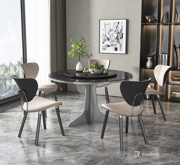 Modern Round Dining Table Set With Black Beige Chairs Marble Tabletop And Decorative Plant 3d model 