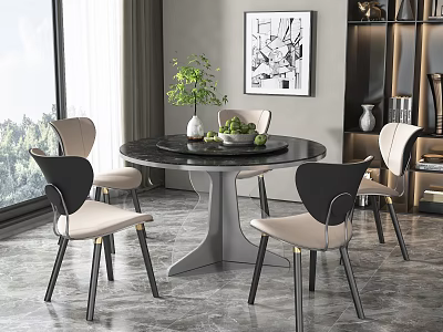 Modern Round Dining Table Set With Black Beige Chairs Marble Tabletop And Decorative Plant 3d model