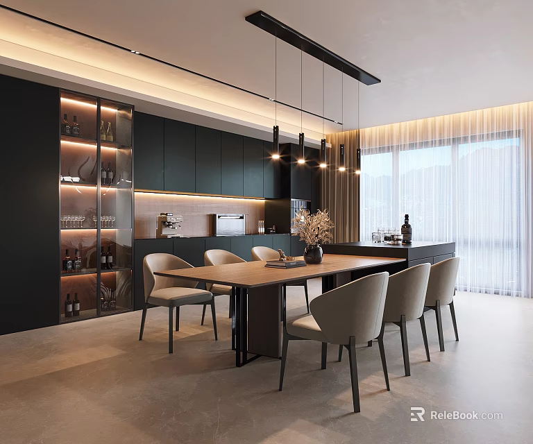 Modern Open Concept Restaurant Interior Design With Dining Table Chairs And Hanging Lights 3d model