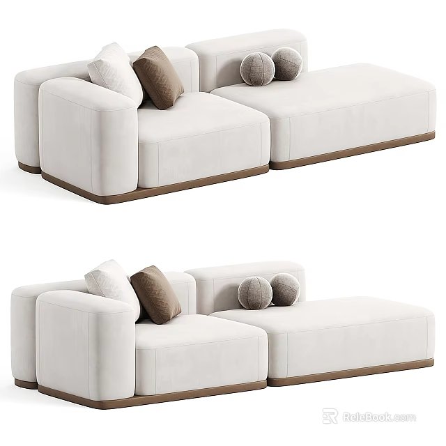 Modern Beige Sectional Sofa With Brown And Gray Cushions Dark Wooden Base 3d model 