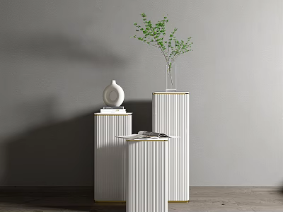 Elegant White Gold-trimmed Display Shelves With Vase Books Green Plants Against Gray Wall Wooden Floor 3d model