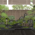 Tranquil Garden Courtyard With Wooden Lattice Wall Lush Greenery Stone Path Small Bridge And Lantern