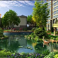 Water Fountain in Residential Garden with Pond Water Lilies Lush Greenery Trees and Blue Sky