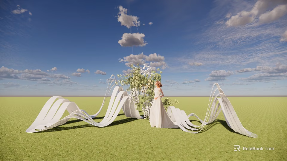 Bride In White Wedding Dress Standing On Green Grass With Wavy Decorations And Blue Sky 3d model 