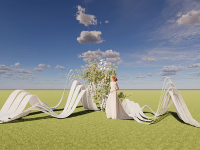 Bride In White Wedding Dress Standing On Green Grass With Wavy Decorations And Blue Sky 3d model