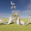 Bride In White Wedding Dress Standing On Green Grass With Wavy Decorations And Blue Sky