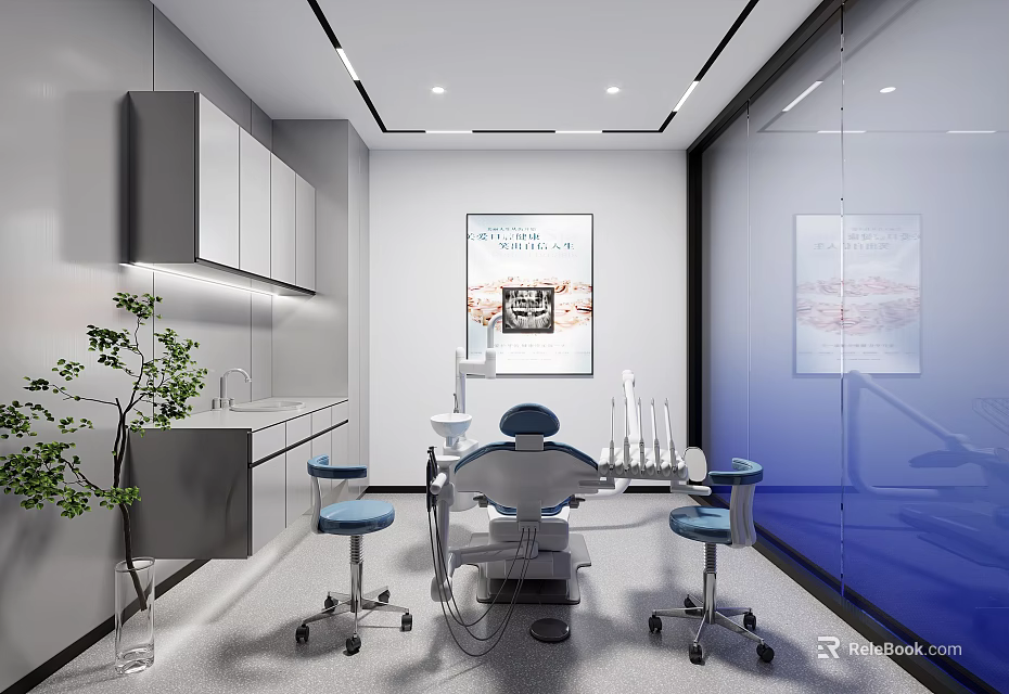 Modern Dental Clinic Interior With Treatment Chair Blue Stools Gray Cabinets And Wall Posters 3d model 