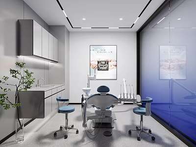 Modern Dental Clinic Interior With Treatment Chair Blue Stools Gray Cabinets And Wall Posters 3d model