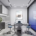 Modern Dental Clinic Interior With Treatment Chair Blue Stools Gray Cabinets And Wall Posters