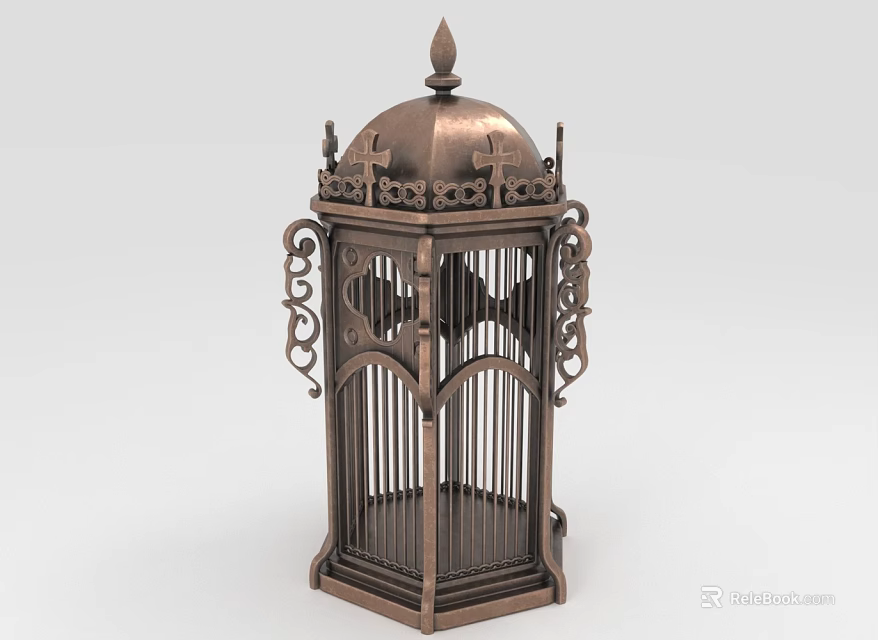 Vintage Copper Lantern With Octagonal Frame Ornate Ironwork Spire Top And Hollow Out Patterns 3d model 