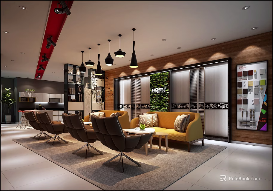 Modern Retail Store Interior With Sofa Chairs Coffee Table And Green Plant Wall 3d model 