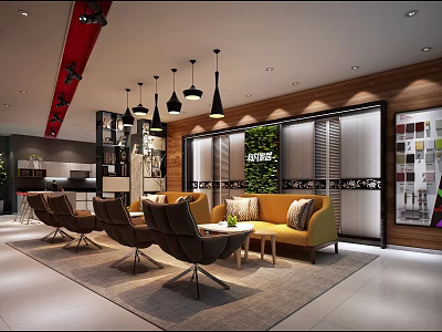 Modern Retail Store Interior With Sofa Chairs Coffee Table And Green Plant Wall 3d model