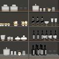 Modern Kitchen Utensils Arranged on Gray Shelves with Glasses Bowls and Bottles