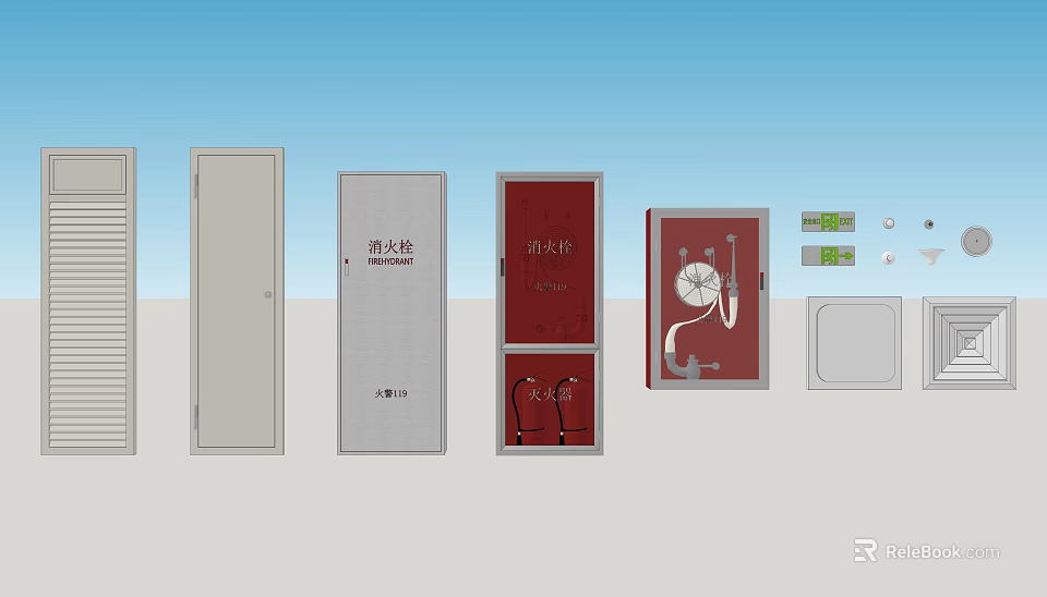 Fire Safety Equipment Featuring Hydrant Cabinets Extinguisher Boxes And Fire Hydrants 3d model 