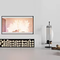 Modern Fireplace With Burning Flames Neatly Stacked Firewood And Tools Interior