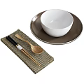 Elegant Tableware Set With White Bowl Brown Plate Wooden Chopsticks Spoon And Placemat