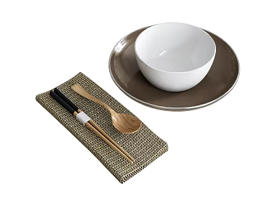 Elegant Tableware Set With White Bowl Brown Plate Wooden Chopsticks Spoon And Placemat 3d model