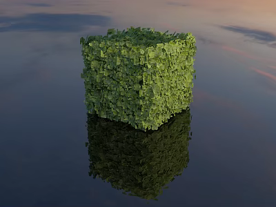 Cubic Green Bush with Reflection on Water Surface and Sunset Sky Background 3d model