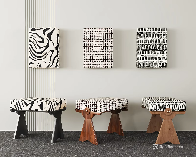 Stylish Stools With Black And White Patterned Seats And Wooden Legs Under Wall Decorative Artworks 3d model 