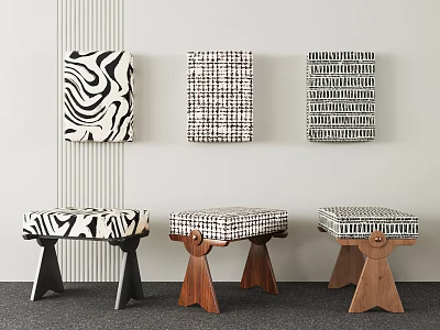 Stylish Stools With Black And White Patterned Seats And Wooden Legs Under Wall Decorative Artworks 3d model