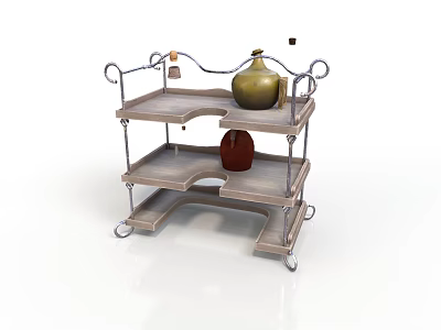 Three Tier Wooden Serving Cart With Metal Frame And Colorful Vases On Wheels 3d model
