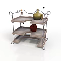 Three Tier Wooden Serving Cart With Metal Frame And Colorful Vases On Wheels