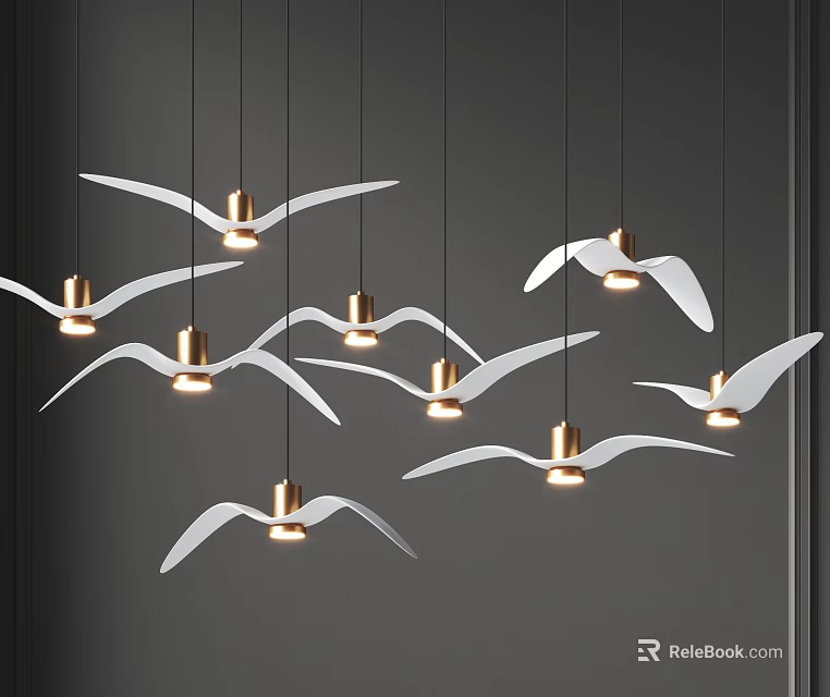 Seagull Shaped Chandeliers With White Wings And Golden Bases In Grey Interior 3d model 
