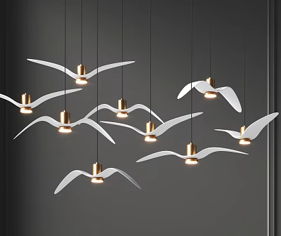 Seagull Shaped Chandeliers With White Wings And Golden Bases In Grey Interior 3d model