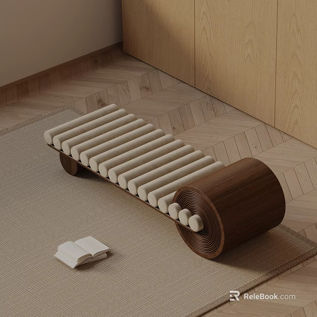Sofa Bench With Wooden Frame Striped Cushion On Beige Rug And Open Book 3d model 