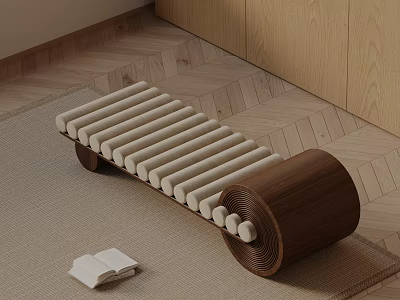 Sofa Bench With Wooden Frame Striped Cushion On Beige Rug And Open Book 3d model