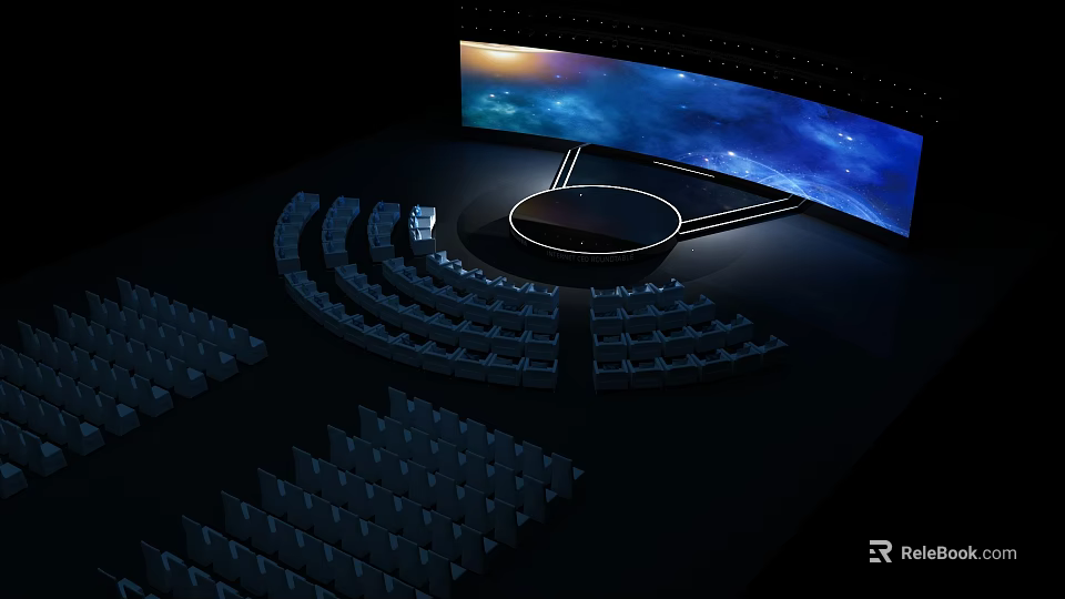 Modern Auditorium Interior Design With Large Curved Screen Round Stage And Audience Seats 3d model 