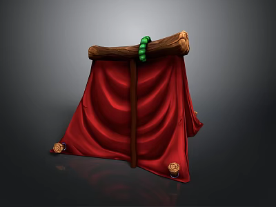 Home Decorative Tapestry With Red Fabric Wooden Rod Green Decoration And Round Buttons 3d model