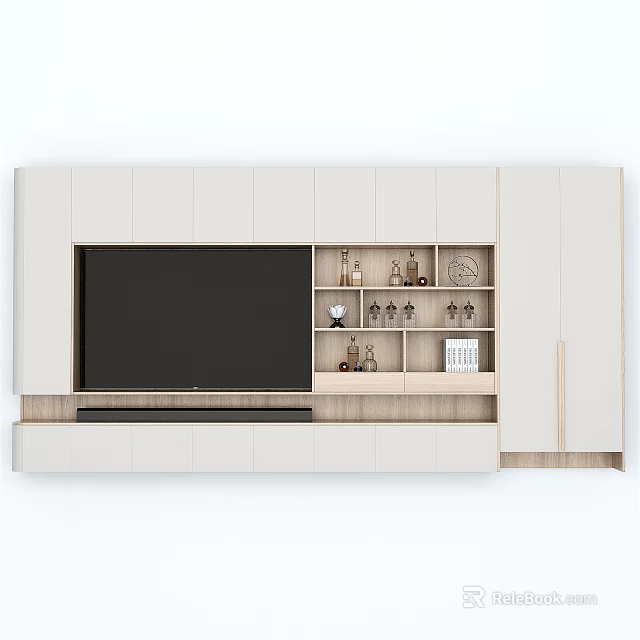 Modern Light Colored TV Wall Unit With Open Shelves And Storage Cabinets 3d model