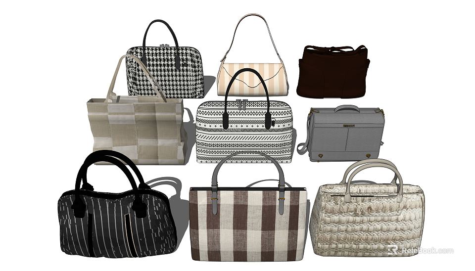 Stylish Various Style Handbags With Plaid Stripes Woven Designs And Black White Beige Brown Colors 3d model 