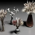 Decorative Vases with Dried Flowers Grass and White Blooms in Various Materials