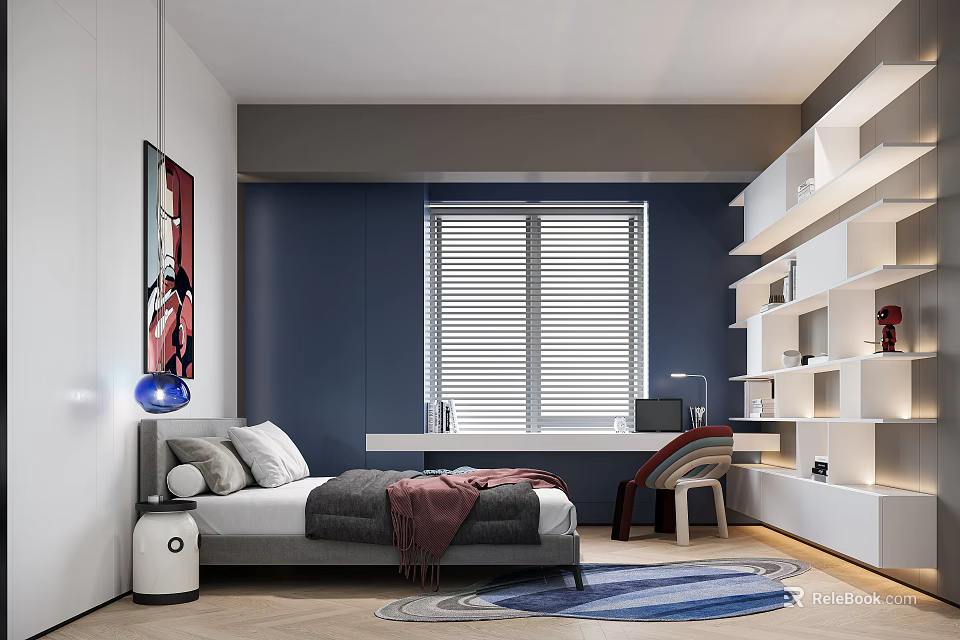 Modern Kids Room Interior With Blue Walls White Blinds Desk Bookshelves Bed And Rug Table Lamp 3d model 
