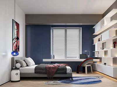 Modern Kids Room Interior With Blue Walls White Blinds Desk Bookshelves Bed And Rug Table Lamp 3d model
