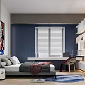 Modern Kids Room Interior With Blue Walls White Blinds Desk Bookshelves Bed And Rug Table Lamp
