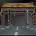 Traditional Chinese Entrance Gate With Golden Roof Red Pillars And Elaborate Decorations Against Sunset Sky