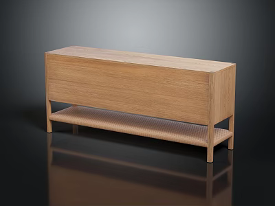 Oak Wooden Console Table With Rectangular Design Smooth Top Surface And Wicker Shelf Base 3d model