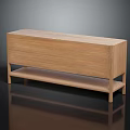 Oak Wooden Console Table With Rectangular Design Smooth Top Surface And Wicker Shelf Base 3d model