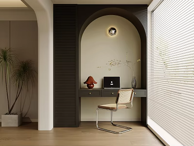 Modern Home Balcony Workspace With Arched Niche Desk Chair Laptop Lamp Plants And Wooden Floor 3d model