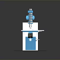 Blue And White Industrial Machine With Worktable And Mechanical Parts On Black Base